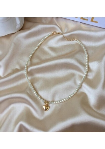Altın Renk Incili Gold Kalp Uçlu Kolye