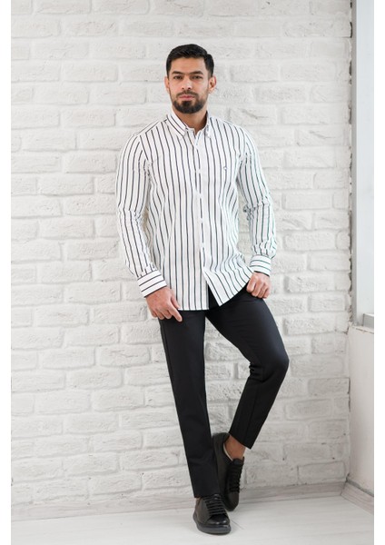 Ince Çizgili Yaka Düğmeli Cepsiz Regular Fit Gömlek