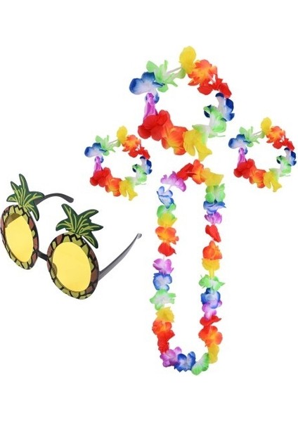 Renkli Ananas Gözlük, Taç, Kolye ve Bileklik Seti