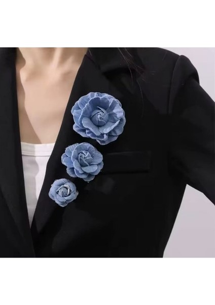 Denim Kamelya Çiçeği Broş-5 cm (Tek Ürün)