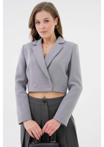 Gri Kruvaze Crop Blazer Ceket