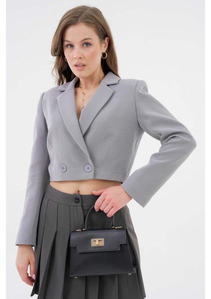 Gri Kruvaze Crop Blazer Ceket