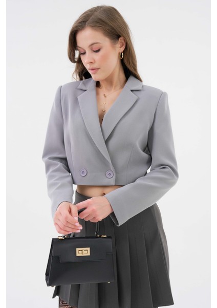 Gri Kruvaze Crop Blazer Ceket
