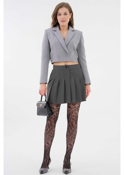 Gri Kruvaze Crop Blazer Ceket