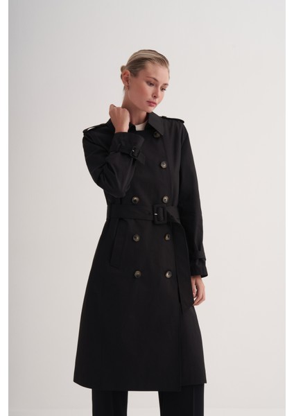 Siyah Pamuklu Kuşaklı Premium Astarlı Uzun Klasik Trençkot