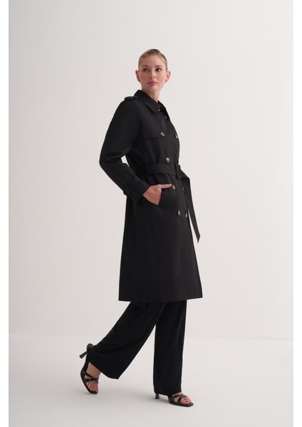 Siyah Pamuklu Kuşaklı Premium Astarlı Uzun Klasik Trençkot modelleri