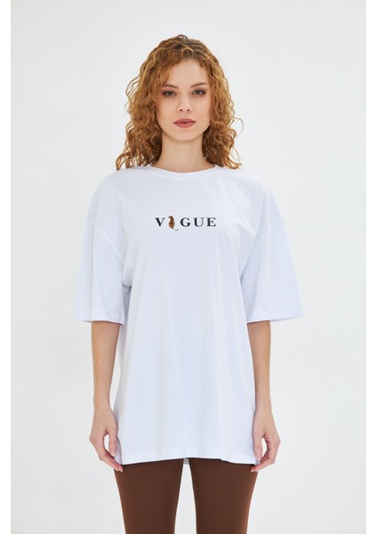 Kadın Vogue Baskılı %100 Pamuk Oversize Kadın Tişört