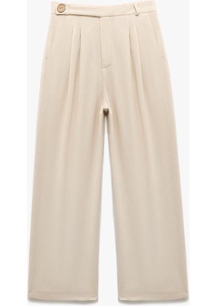 Viskon Keten Karışımlı Pileli Cepli Geniş Paça Palazzo Pantolon