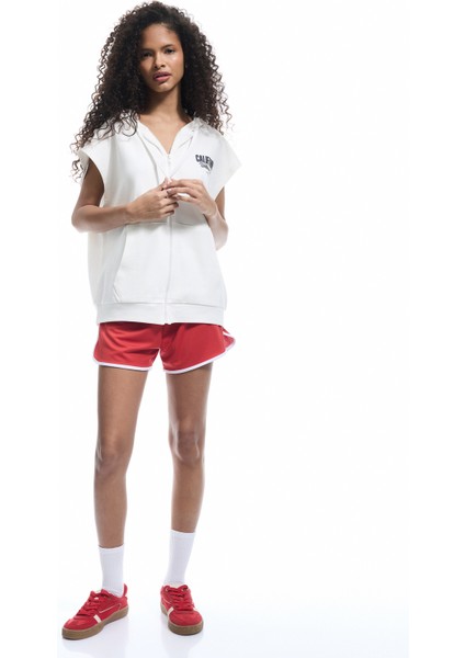 Pamuklu Kolsuz Kapüşonlu Arkası Baskılı Kanguru Cepli Fermuarlı Bluz