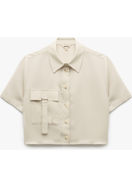 Modal Kumaş Karışımlı Cep Detaylı Klasik Yaka Kısa Kollu Crop Gömlek