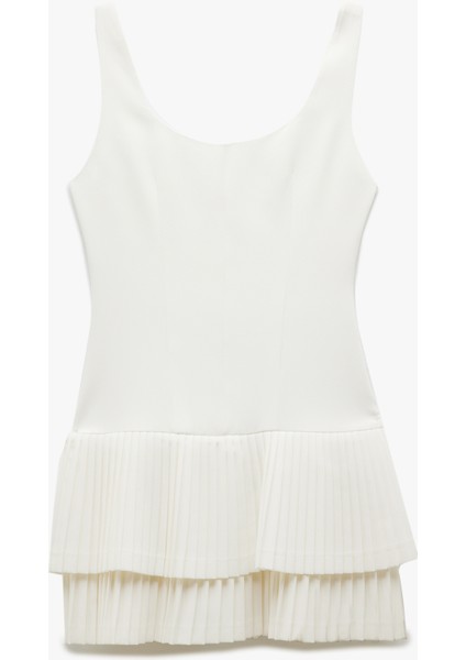 Kolsuz Astarlı Kare Yaka Pileli Katlı Askılı Mini Elbise