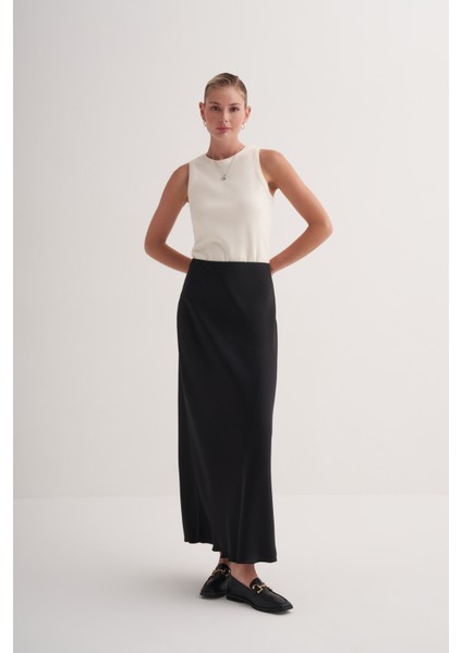 Siyah Premium Beli Lastikli Maxi Saten Etek