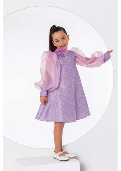 Kız Çocuk Çiçekli Boyunluk Hediyeli Şeffaf Karpuz Kollu Üzeri Simli Lila Elbise