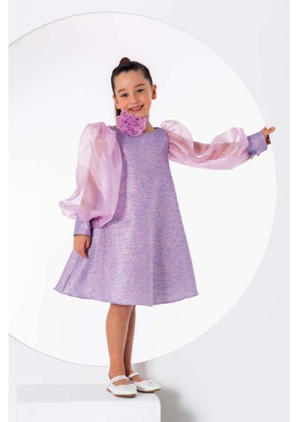 Kız Çocuk Çiçekli Boyunluk Hediyeli Şeffaf Karpuz Kollu Üzeri Simli Lila Elbise fiyatları