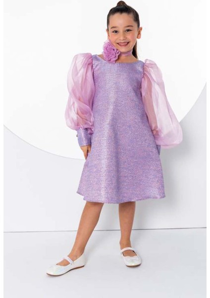 Kız Çocuk Çiçekli Boyunluk Hediyeli Şeffaf Karpuz Kollu Üzeri Simli Lila Elbise modelleri