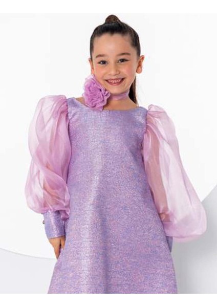 Kız Çocuk Çiçekli Boyunluk Hediyeli Şeffaf Karpuz Kollu Üzeri Simli Lila Elbise fırsatları