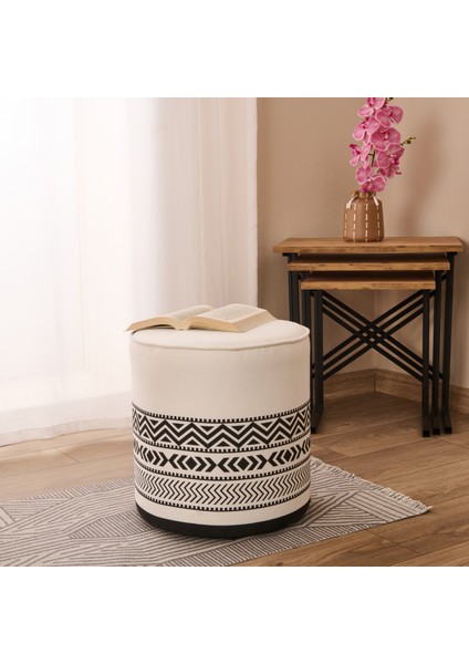 Ethnic Puf - Beyaz / Siyah - 41X39X39 cm
