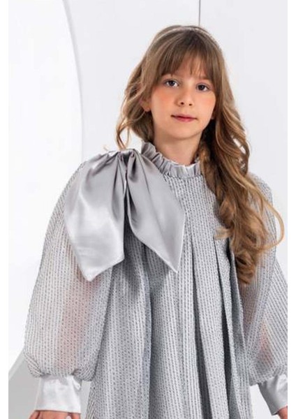 Kız Çocuk Omzu Kurdele Detaylı Yakası Fırfırlı Şerit Pullu Pileli Gümüş Elbise fırsatları