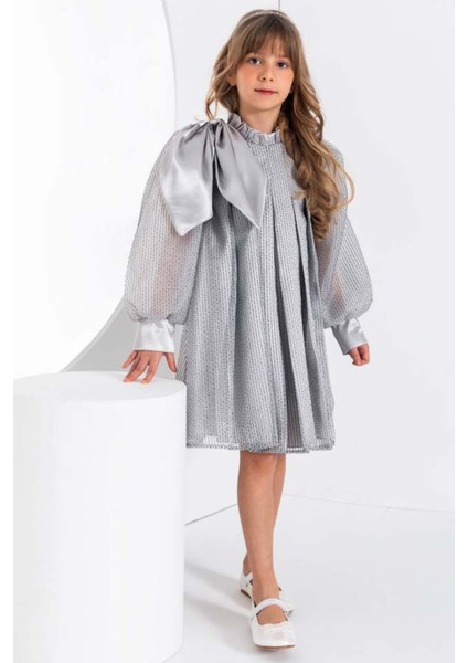 Kız Çocuk Omzu Kurdele Detaylı Yakası Fırfırlı Şerit Pullu Pileli Gümüş Elbise indirimleri