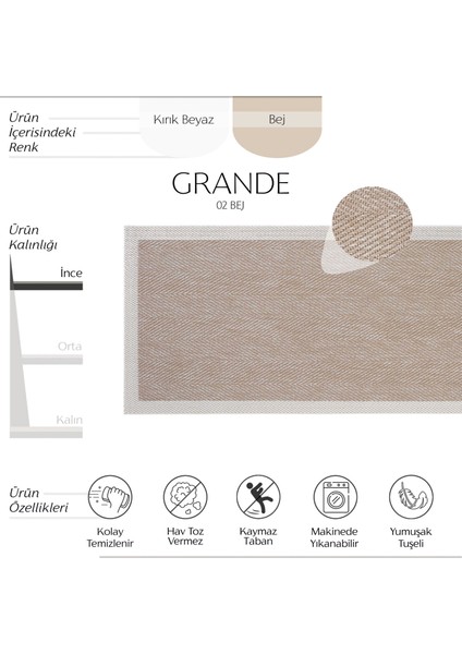 Grande 02 Bej Kaymaz Taban Yolluk Sisal Görünümlü Hol Koridor Halısı Yıkanabilir Kilim Halı Yolluk