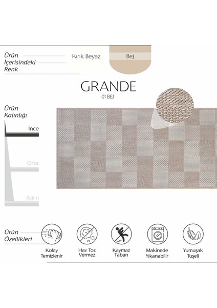 Grande 01 Bej Kaymaz Taban Yolluk Uzun Hol Koridor Halısı İnce Yıkanabilir Dokuma Kilim Halı Yolluk