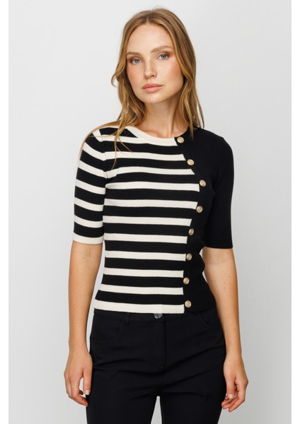 45374 Onteks Çizgili Fitilli Kısa Kol Crop Kazak