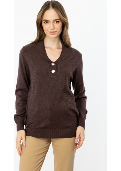 45343 Onteks Yakası Düğmeli Kapuşonlu Kazak