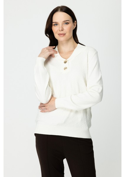 45343 Onteks Yakası Düğmeli Kapuşonlu Kazak