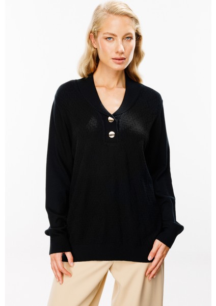 45343 Onteks Yakası Düğmeli Kapuşonlu Kazak