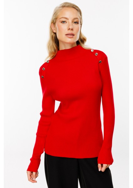 45326 Onteks Omuzlarında Düğme Detaylı Fitilli Kazak