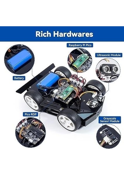 Robot Araba Kiti Raspberry Pi Pico, Açık Kaynak, Micropython