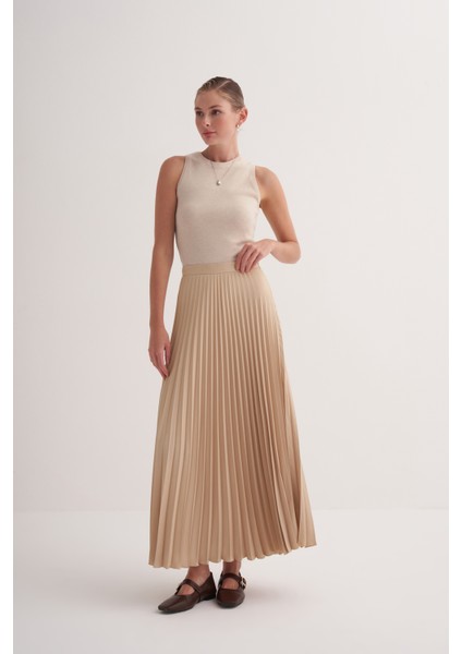 Bej Premium Astarlı Yandan Fermuarlı Piliseli Uzun Etek