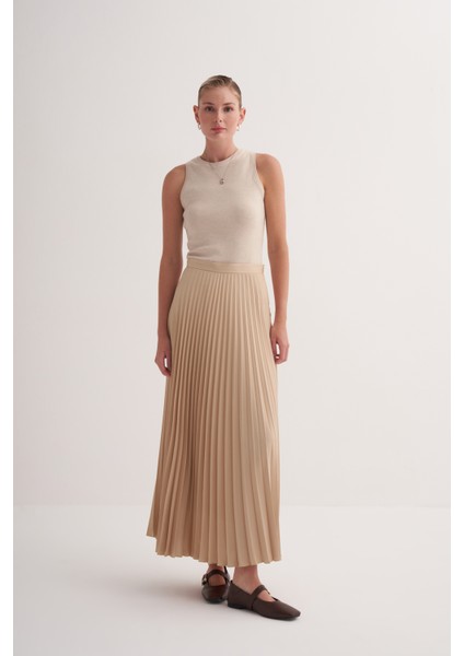 Bej Premium Astarlı Yandan Fermuarlı Piliseli Uzun Etek fiyatları