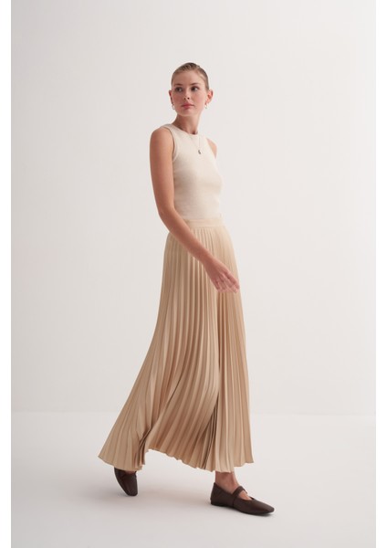 Bej Premium Astarlı Yandan Fermuarlı Piliseli Uzun Etek modelleri