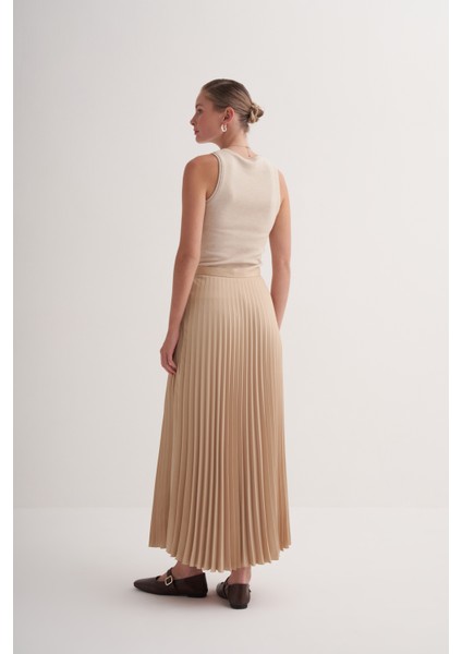 Bej Premium Astarlı Yandan Fermuarlı Piliseli Uzun Etek fırsatları