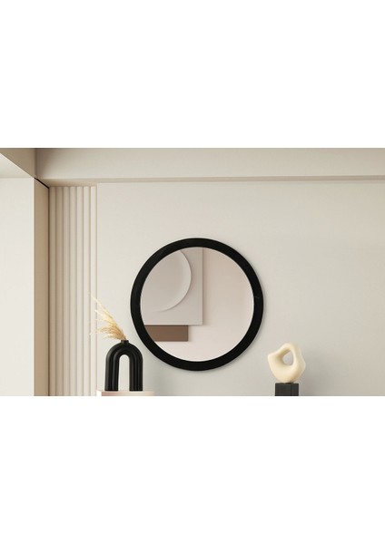 Dekoratif Yuvarlak Ayna Siyah Çerçeve Çap 85 cm