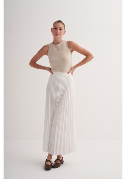 Ekru Premium Astarlı Yandan Fermuarlı Piliseli Uzun Etek
