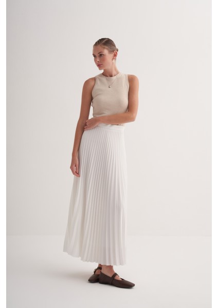 Ekru Premium Astarlı Yandan Fermuarlı Piliseli Uzun Etek fiyatları