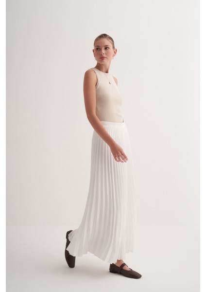 Ekru Premium Astarlı Yandan Fermuarlı Piliseli Uzun Etek modelleri