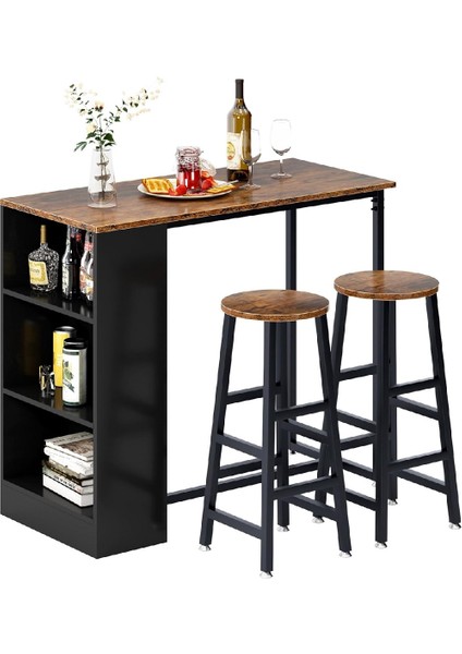 2 Tabureli Metal Ayaklı Mutfak Masası Takımı Raflı Bar Masası Seti