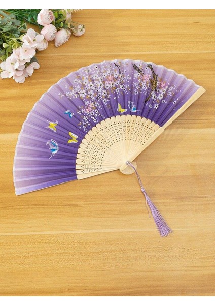 Yelpaze Bambu Vintage Mor Kelebekli Bahar Dalı Desenli Şık Püsküllü Japon Yelpaze 0419