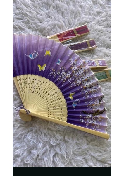 Yelpaze Bambu Vintage Mor Kelebekli Bahar Dalı Desenli Şık Püsküllü Japon Yelpaze 0419