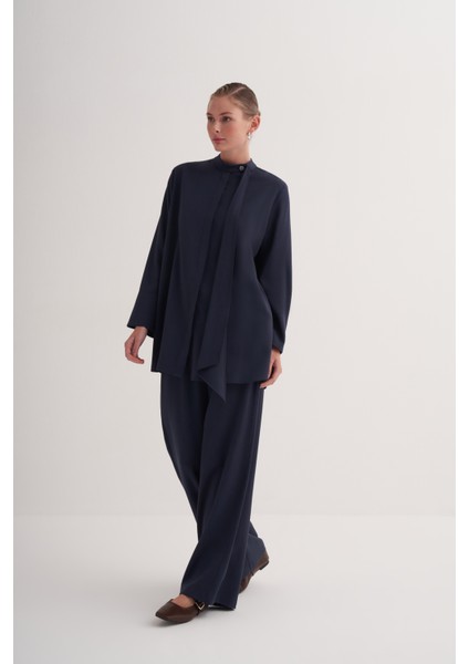 Lacivert Beli Lastikli Yüksek Bel Rahat Kalıp Pantolon modelleri