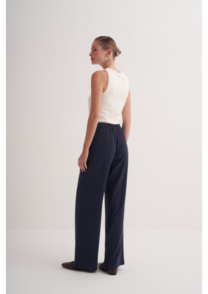 Lacivert Beli Lastikli Yüksek Bel Rahat Kalıp Pantolon fırsatları