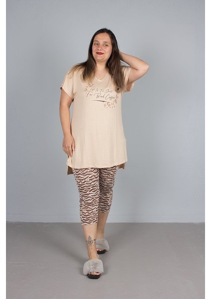 Büyük Beden Üst Tunik V Yaka Tunikli Kaprili Pijama Takım