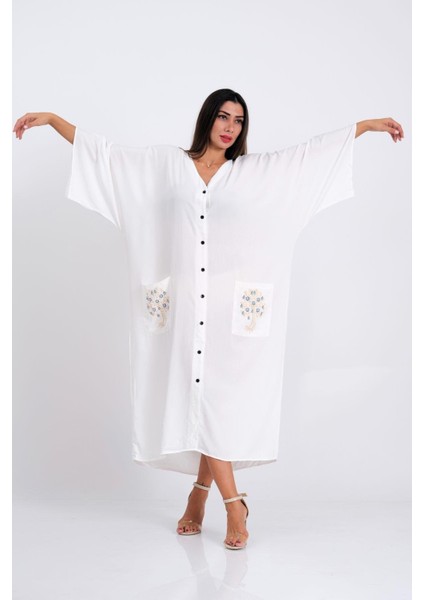 Kadın Beyaz V Yaka Sırtı ve Cepleri Kabartma Nazar Boncuğu Baskılı Oversize Uzun Gömlek Elbise modelleri