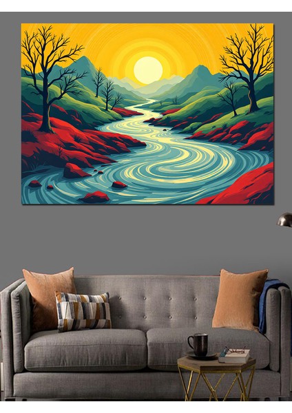 Renkli Nehir Manzarası Dekoratif Kanvas - Mdf Ahşap Tablo