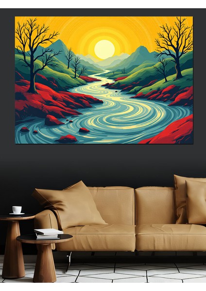 Renkli Nehir Manzarası Dekoratif Kanvas - Mdf Ahşap Tablo fırsatları