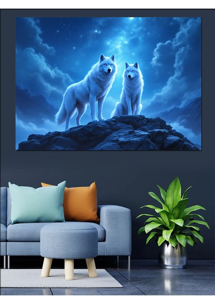 Gece Uluyan Kurtlar Dekoratif Kanvas - Mdf Ahşap Tablo