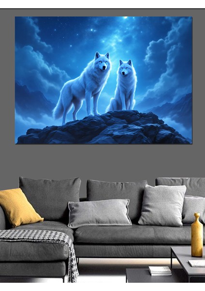 Gece Uluyan Kurtlar Dekoratif Kanvas - Mdf Ahşap Tablo fırsatları